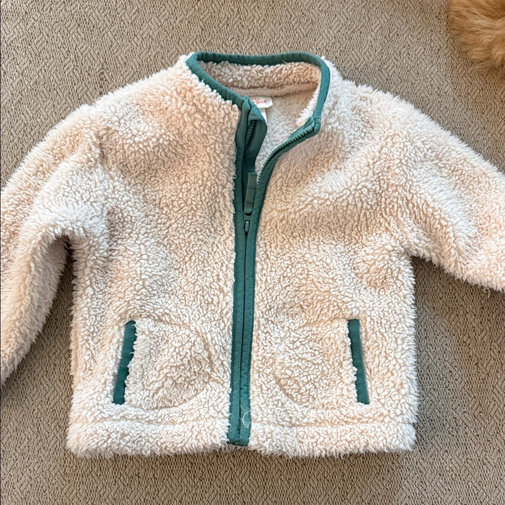 Cream Sherpa Zip Jacket with Teal Trim 18 Mo
